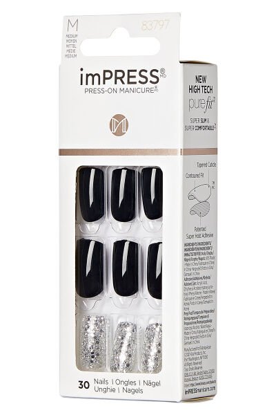 KİSS Impress Kendinden Yapışkanlı Takma Tırnak Uzun Siyah Simli