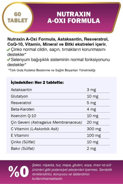 Nutraxin A-oxi Formula Multivitamin, Multimineral Ve Bitki Ekstreleri Içeren Takviye Edici Gıda 60 Tablet