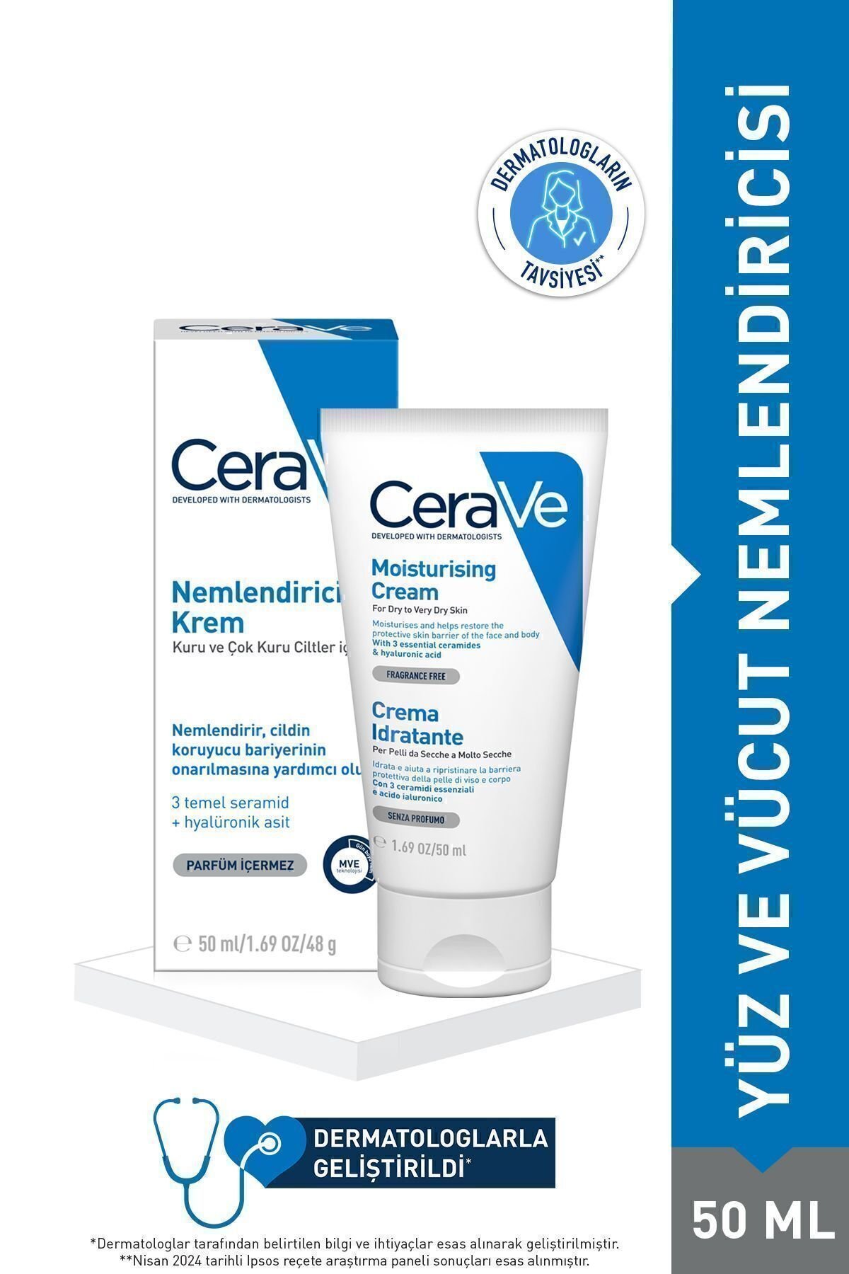 CeraVe Nemlendirici Yüz Kremi-Kuru Ciltler İçin Seramid Ve Hyalüronik Asit İçerikli 50ml