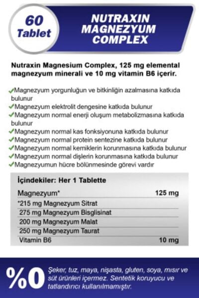 Nutraxin Magnezyum Complex 60 Tablet 125 Mg - Bisiglinat - Taurat - Malat - Sitrat - B6
