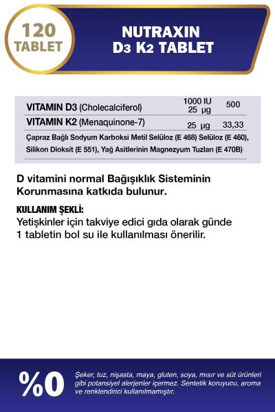 Nutraxin D3K2 120 Tablet - 1000 IU D3 vitamini, 25 mcg K2 vitamini