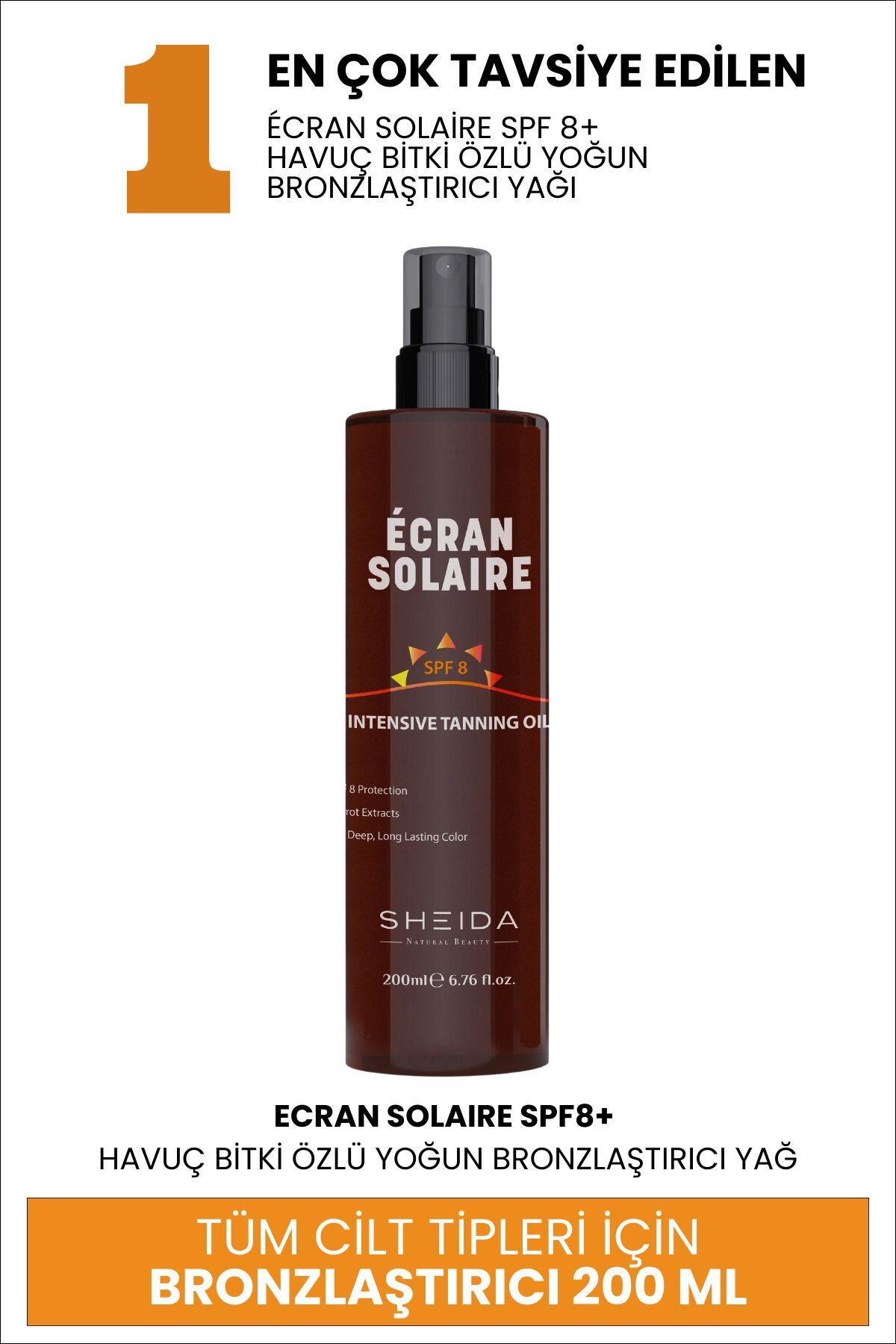 Sheida Doğal Güzellik Yoğun Bronzlaştırıcı Güneş Yağı SPF 8 Havuç Özlü Uzun Süre Kalıcı Renk 200ml