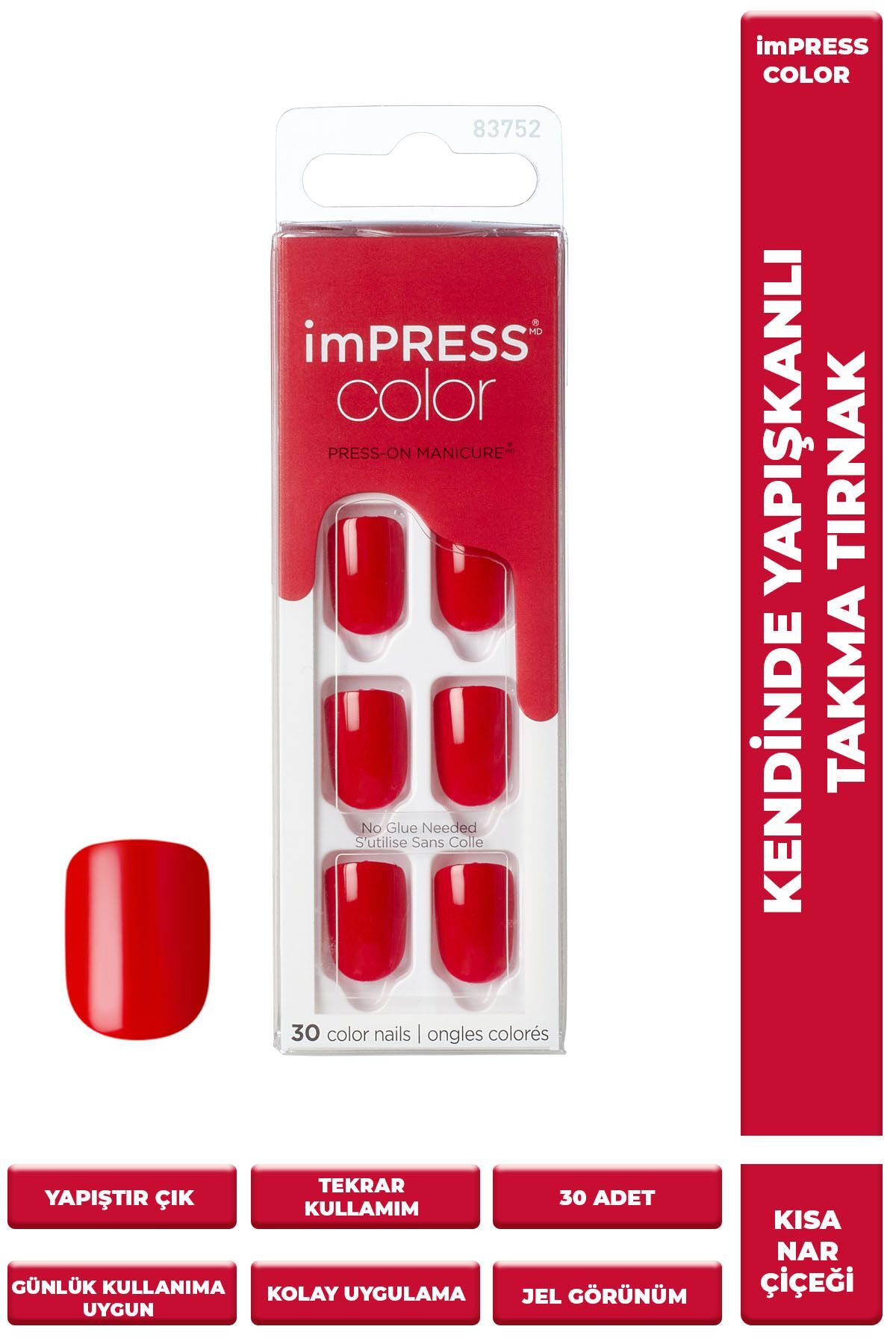 Impress Color Kendinden Yapışkanlı Takma Tırnak Kısa Parlak Kırmızı
