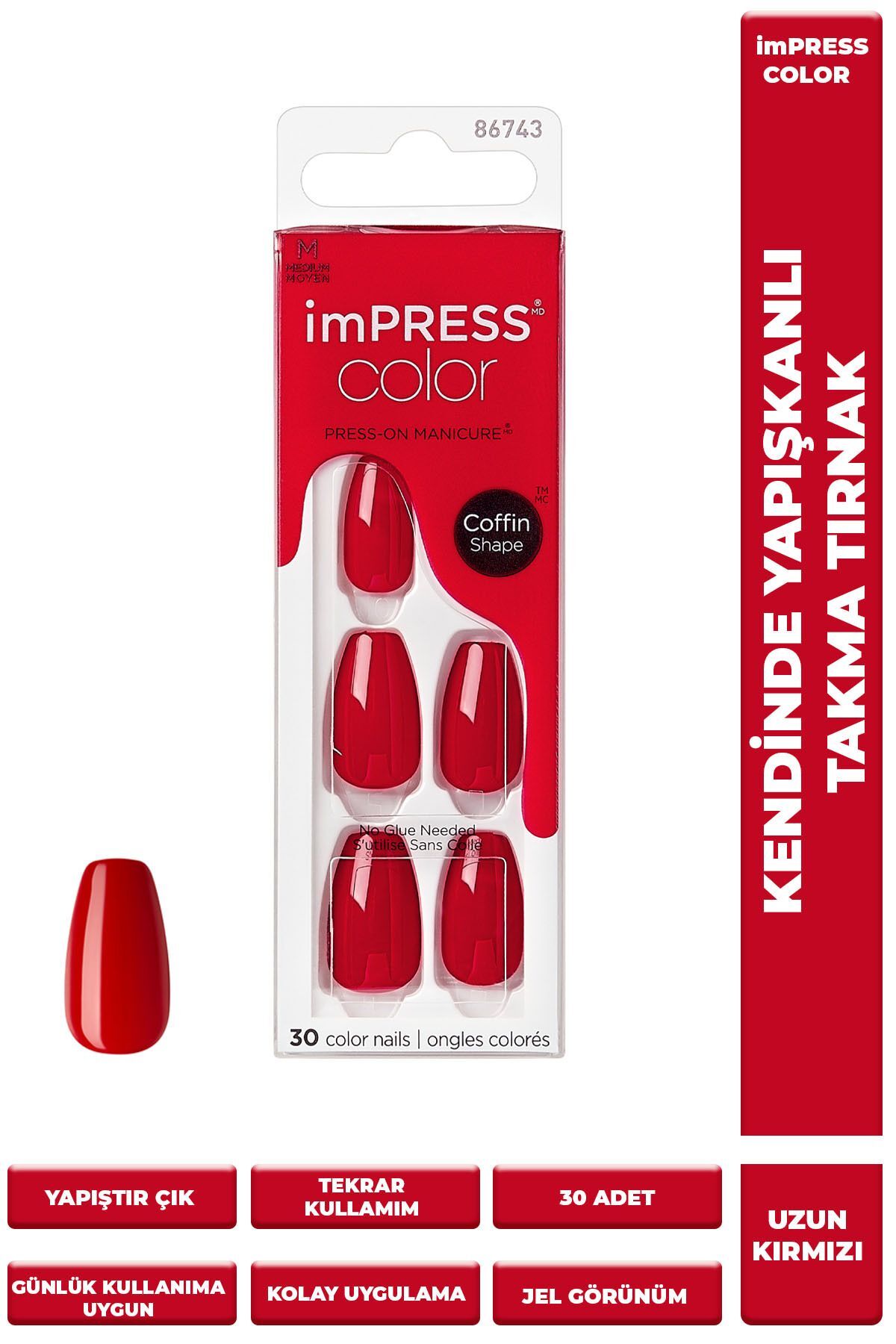 KİSS Color Kendinden Yapışkanlı Takma Tırnak Uzun Kırmızı