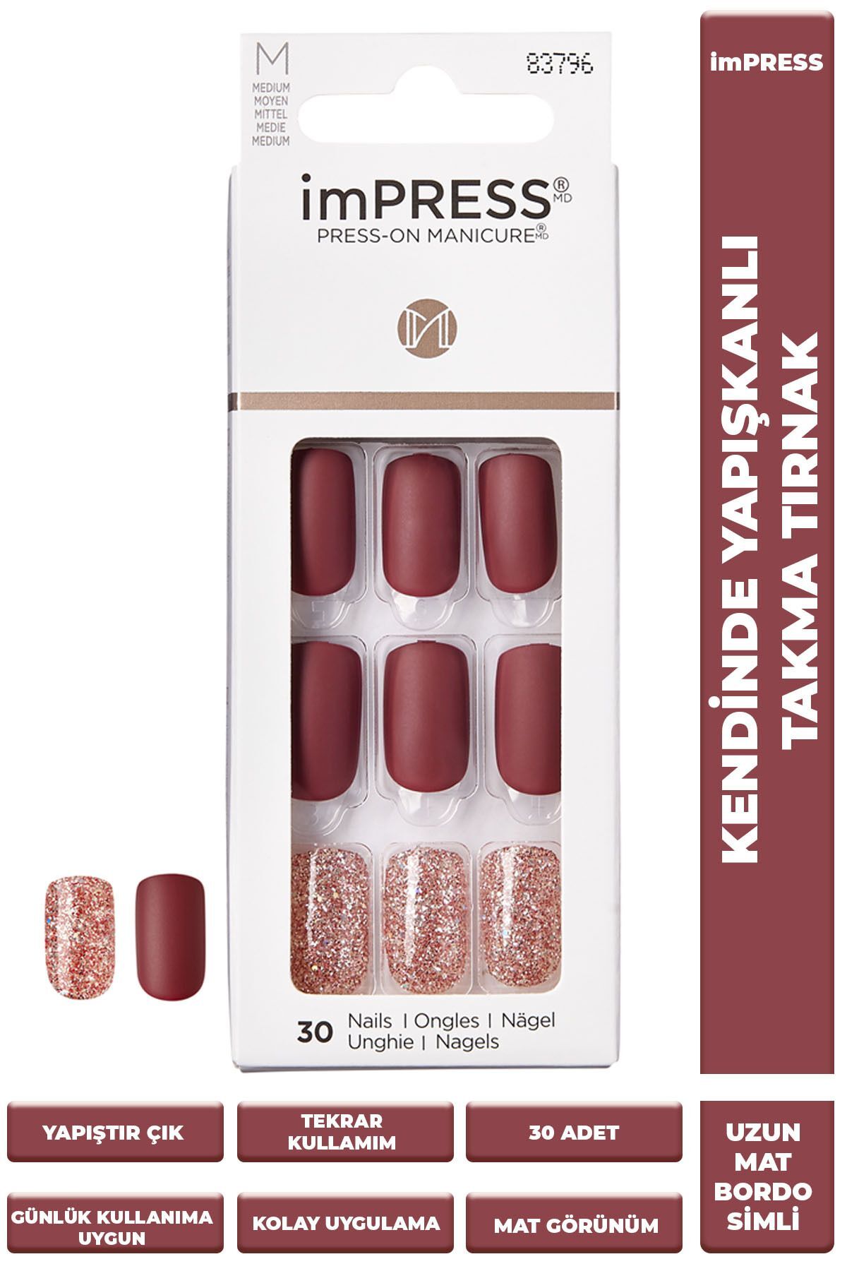 Impress Kendinden Yapışkanlı Takma Tırnak Uzun Mat Bordo Simli