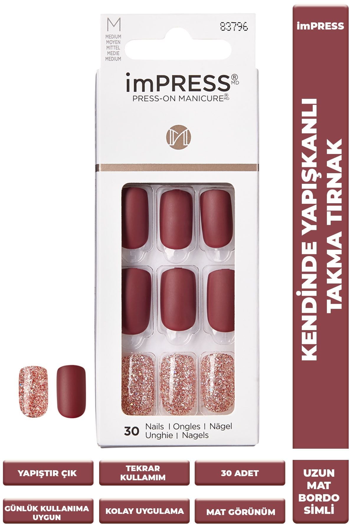 Impress Kendinden Yapışkanlı Takma Tırnak Uzun Mat Bordo Simli