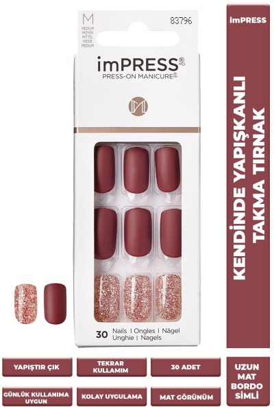 Impress Kendinden Yapışkanlı Takma Tırnak Uzun Mat Bordo Simli