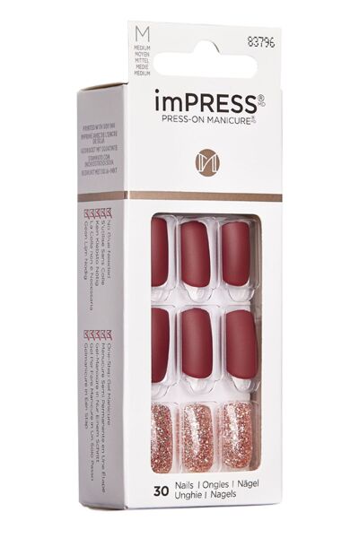 Impress Kendinden Yapışkanlı Takma Tırnak Uzun Mat Bordo Simli