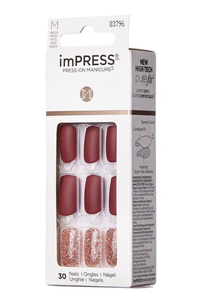 Impress Kendinden Yapışkanlı Takma Tırnak Uzun Mat Bordo Simli