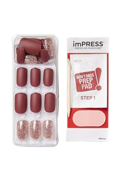 Impress Kendinden Yapışkanlı Takma Tırnak Uzun Mat Bordo Simli