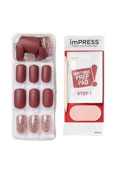 Impress Kendinden Yapışkanlı Takma Tırnak Uzun Mat Bordo Simli
