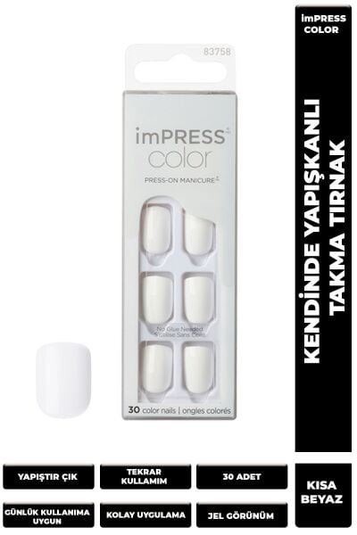 Kiss impress Color Kendinden Yapışkanlı Takma Tırnak Kısa Beyaz