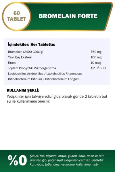 Nutraxin Bromelain Forte 750 mg 60 Tablet Krom Yeşilçay Probiyotik