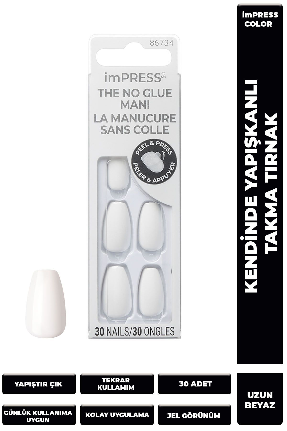 KİSS Color Kendinden Yapışkanlı Takma Tırnak Uzun Beyaz