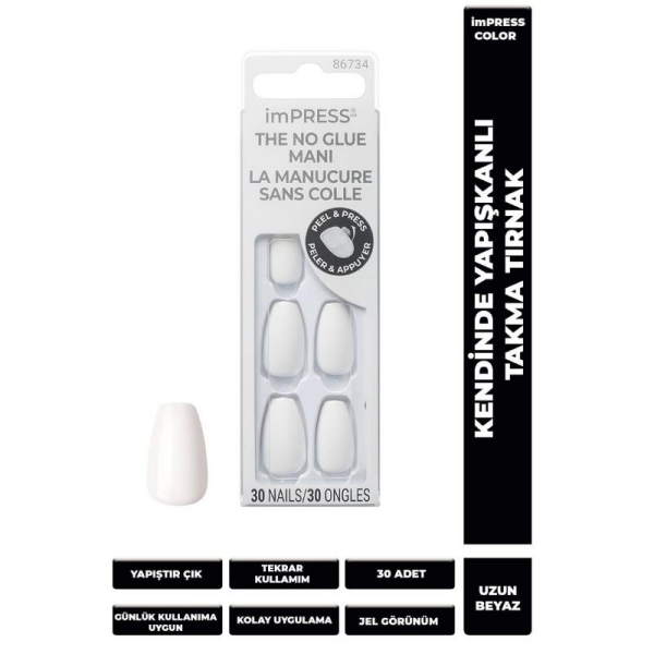KİSS Color impress Kendinden Yapışkanlı Takma Tırnak Uzun Beyaz