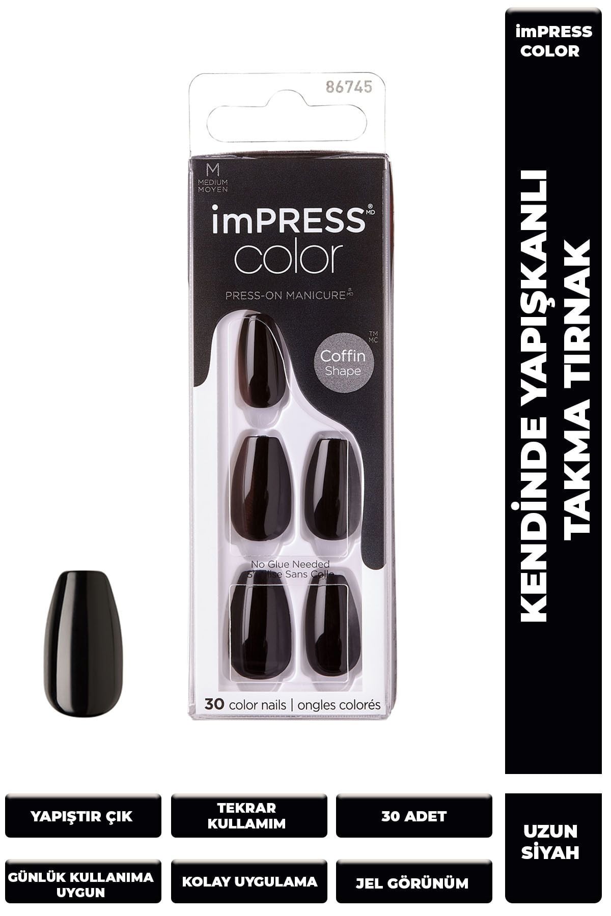 Kiss Color Kendinden Yapışkanlı Takma Tırnak Medium - All Black - 1 Adet