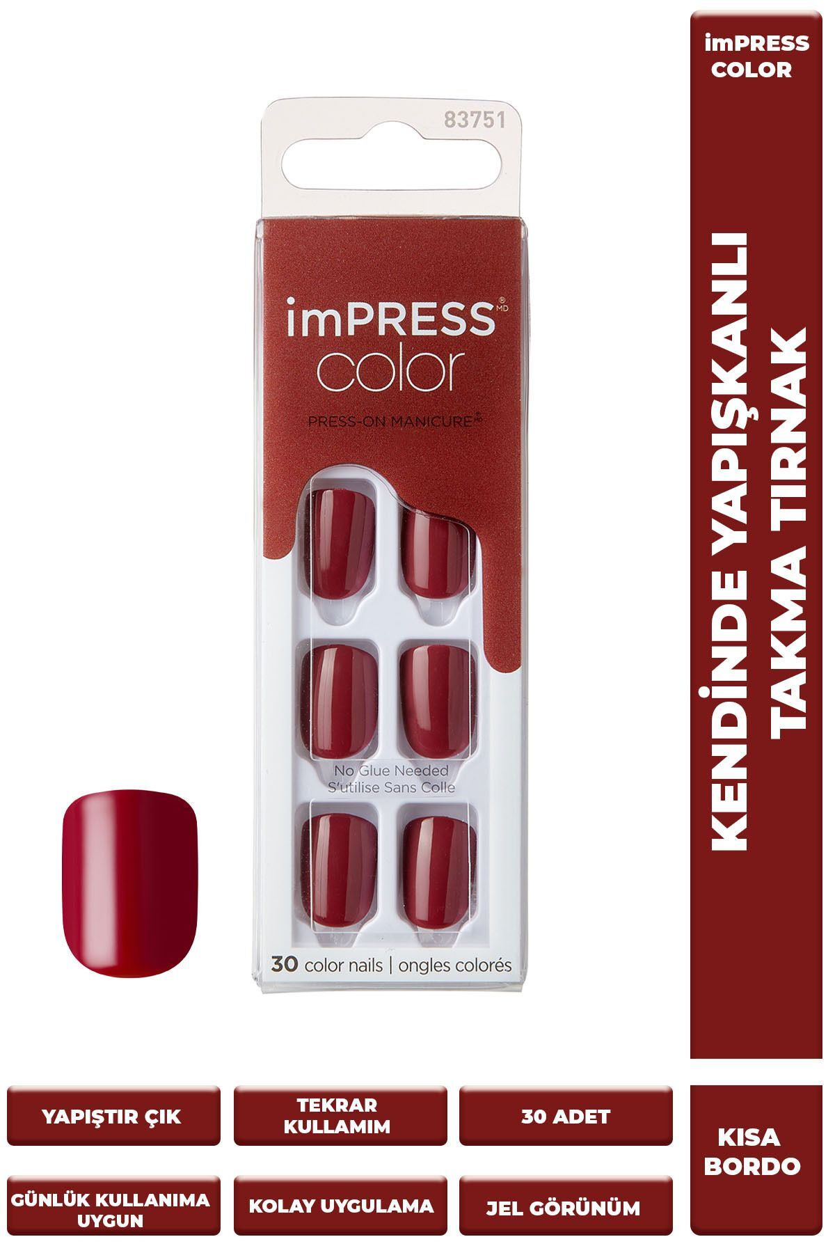 Kiss Color impress Kendinden Yapışkanlı Takma Tırnak Kısa Parlak Bordo