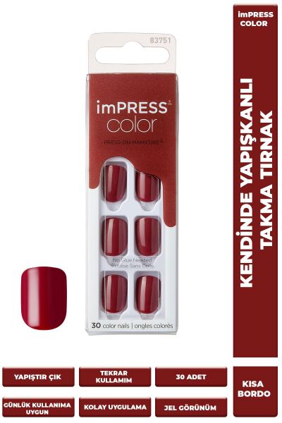 Kiss Color impress Kendinden Yapışkanlı Takma Tırnak Kısa Parlak Bordo