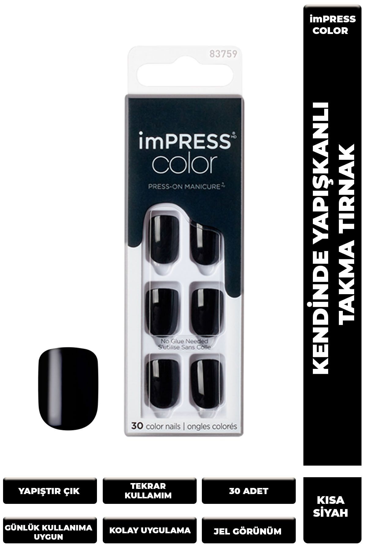 Impress Color Kendinden Yapışkanlı Takma Tırnak Kısa Parlak Siyah