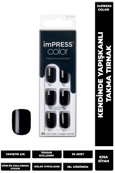 Impress Color Kendinden Yapışkanlı Takma Tırnak Kısa Parlak Siyah