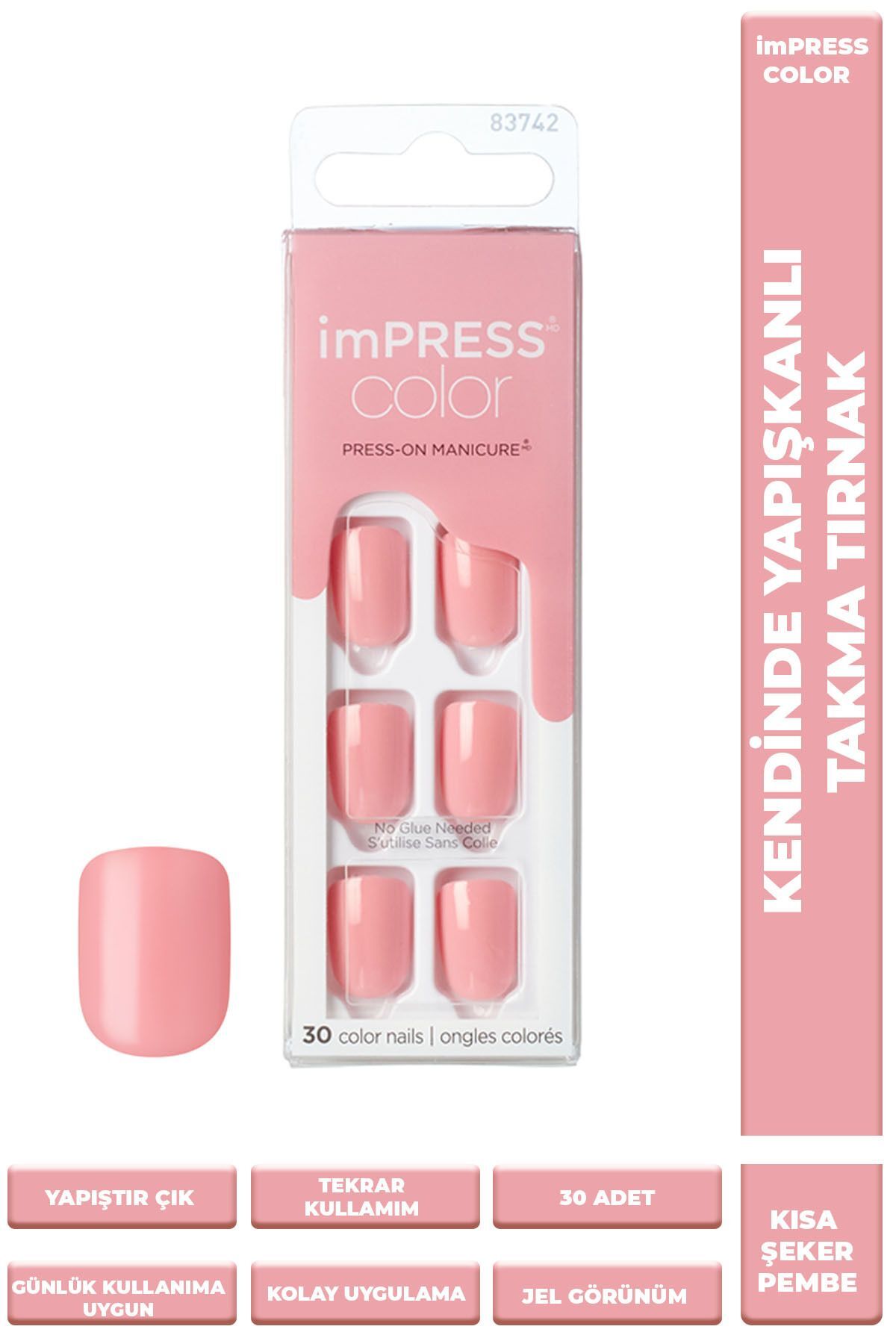 Color Kendinden Yapışkanlı Takma Tırnak Kısa Parlak Şeker Pembe