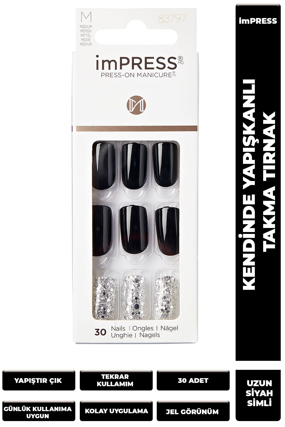 KİSS Impress Kendinden Yapışkanlı Takma Tırnak Uzun Siyah Simli