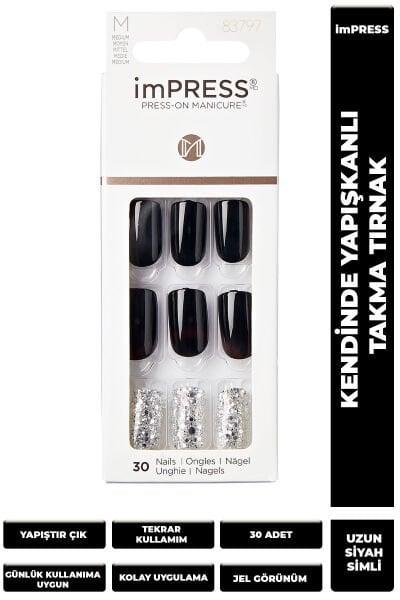 KİSS Impress Kendinden Yapışkanlı Takma Tırnak Uzun Siyah Simli