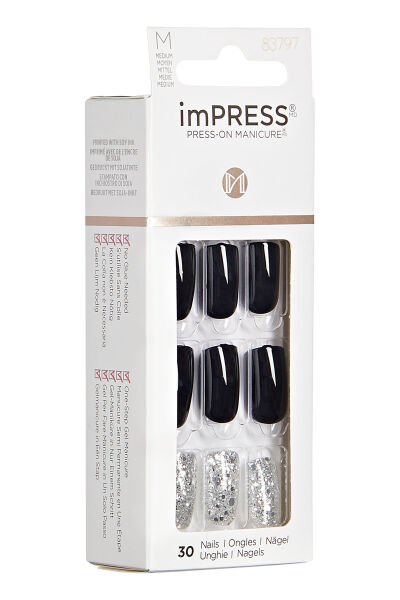 KİSS Impress Kendinden Yapışkanlı Takma Tırnak Uzun Siyah Simli