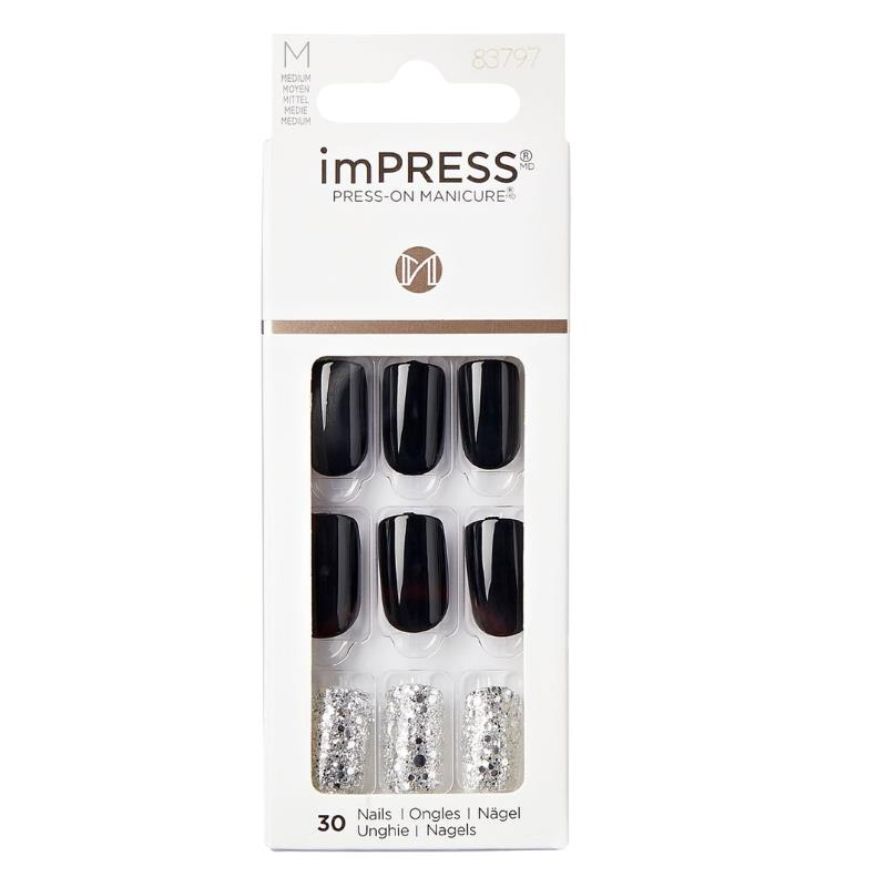 KİSS Impress Kendinden Yapışkanlı Uzun Simli Siyah Takma Tırnak