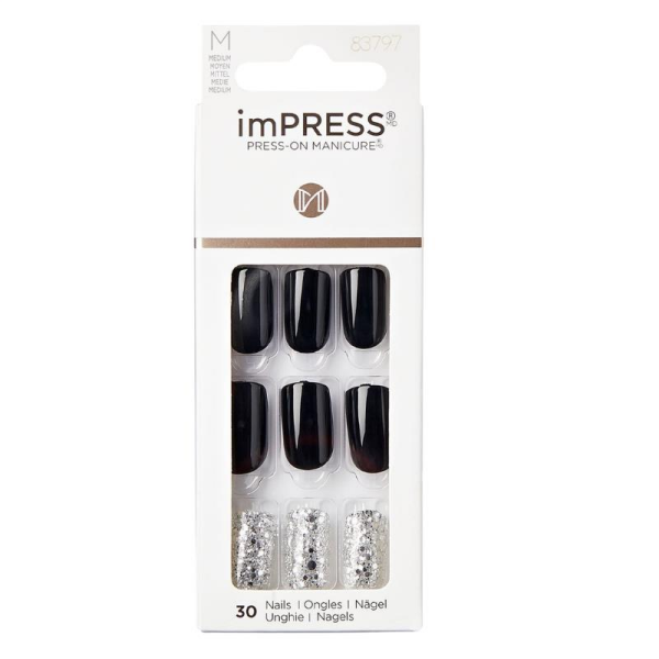 KİSS Impress Kendinden Yapışkanlı Uzun Simli Siyah Takma Tırnak