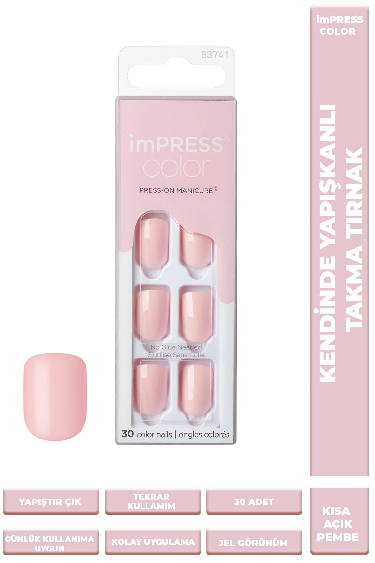 Kiss Impress Color Kendinden Yapışkanlı Takma Tırnak Kısa Parlak Açık Pembe