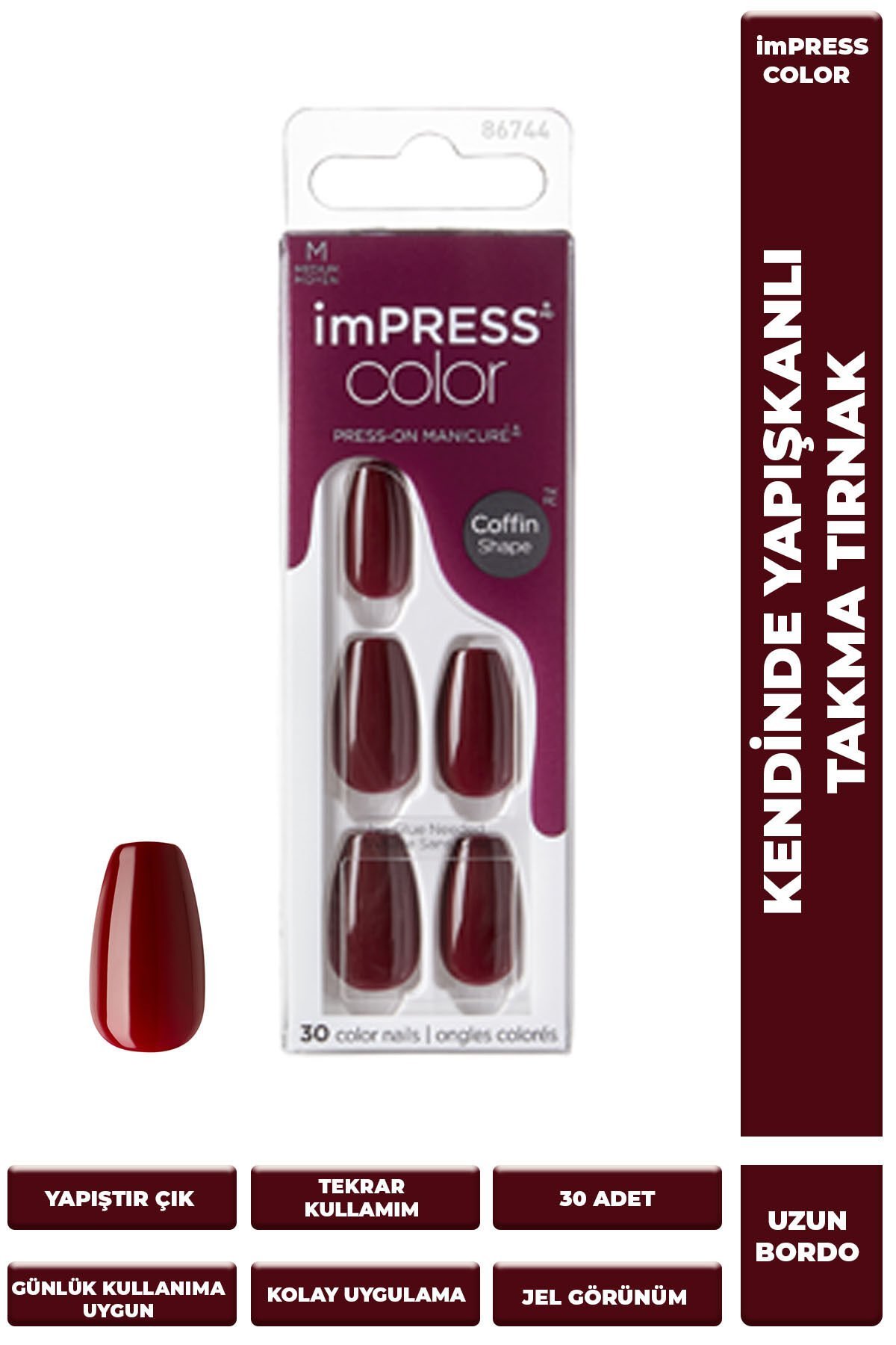 Impress Color Kendinden Yapışkanlı Takma Tırnak Uzun Bordo