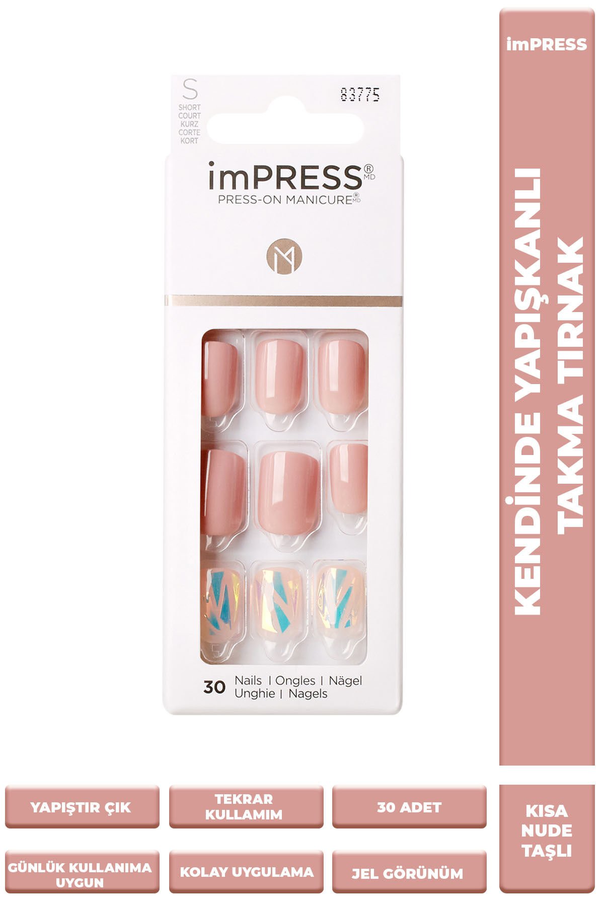 Impress Kendinden Yapışkanlı Takma Tırnak Kısa Nude Taşlı
