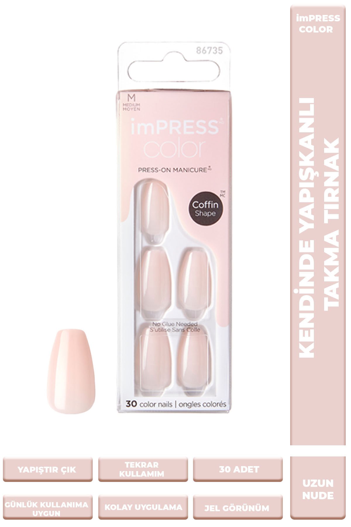Impress Color Kendinden Yapışkanlı Takma Tırnak Uzun Nude