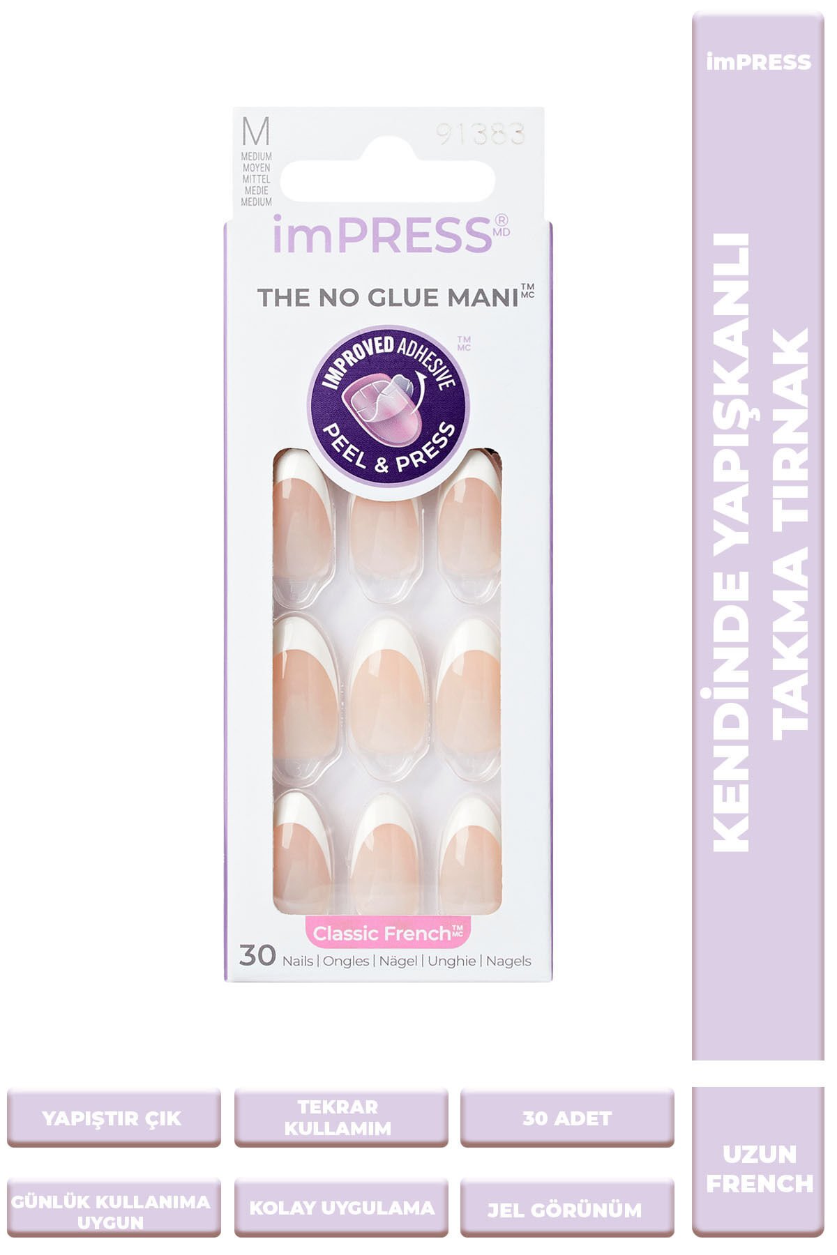 imPRESS Kendinden Yapışkanlı Takma Tırnak Uzun Oval French