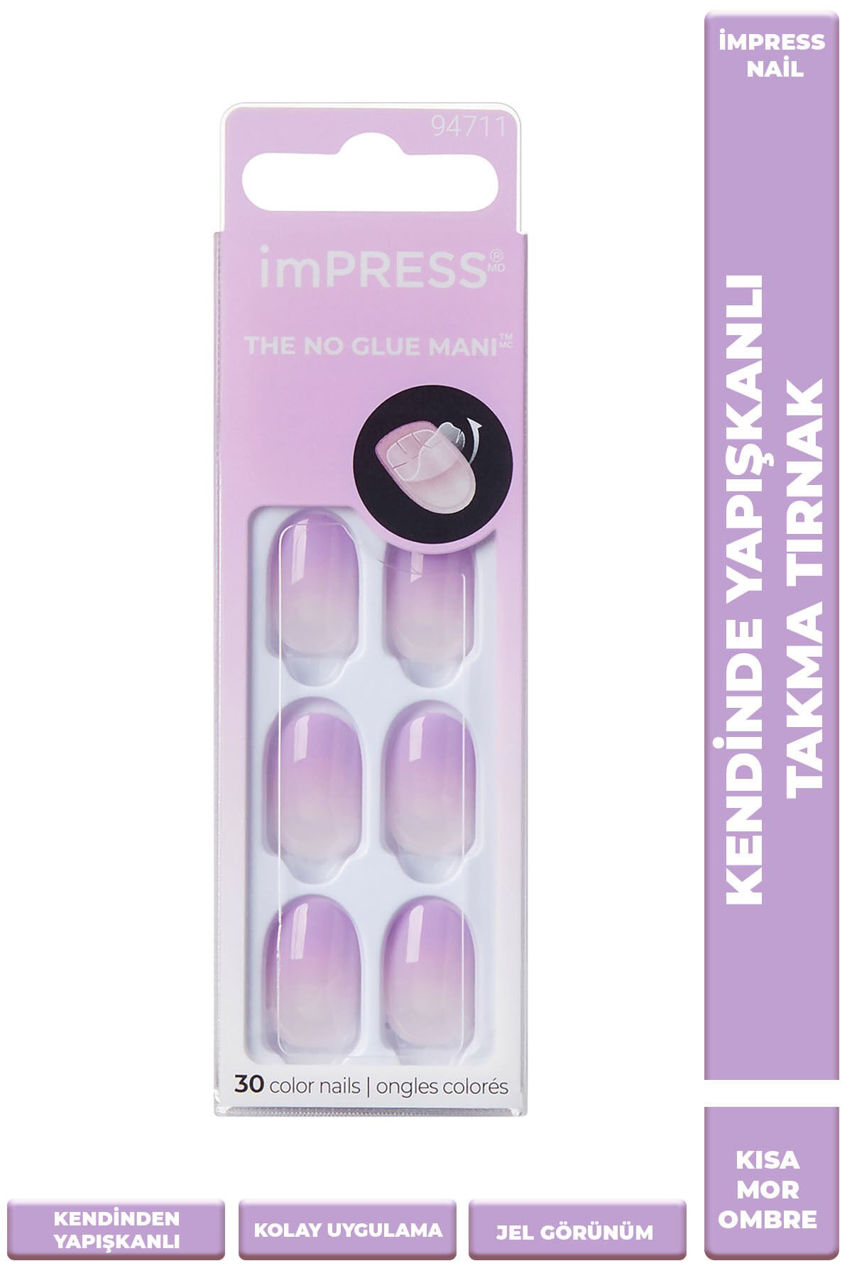 Impress Kendinden Yapışkanlı Takma Tırnak Kısa Ombre Mor