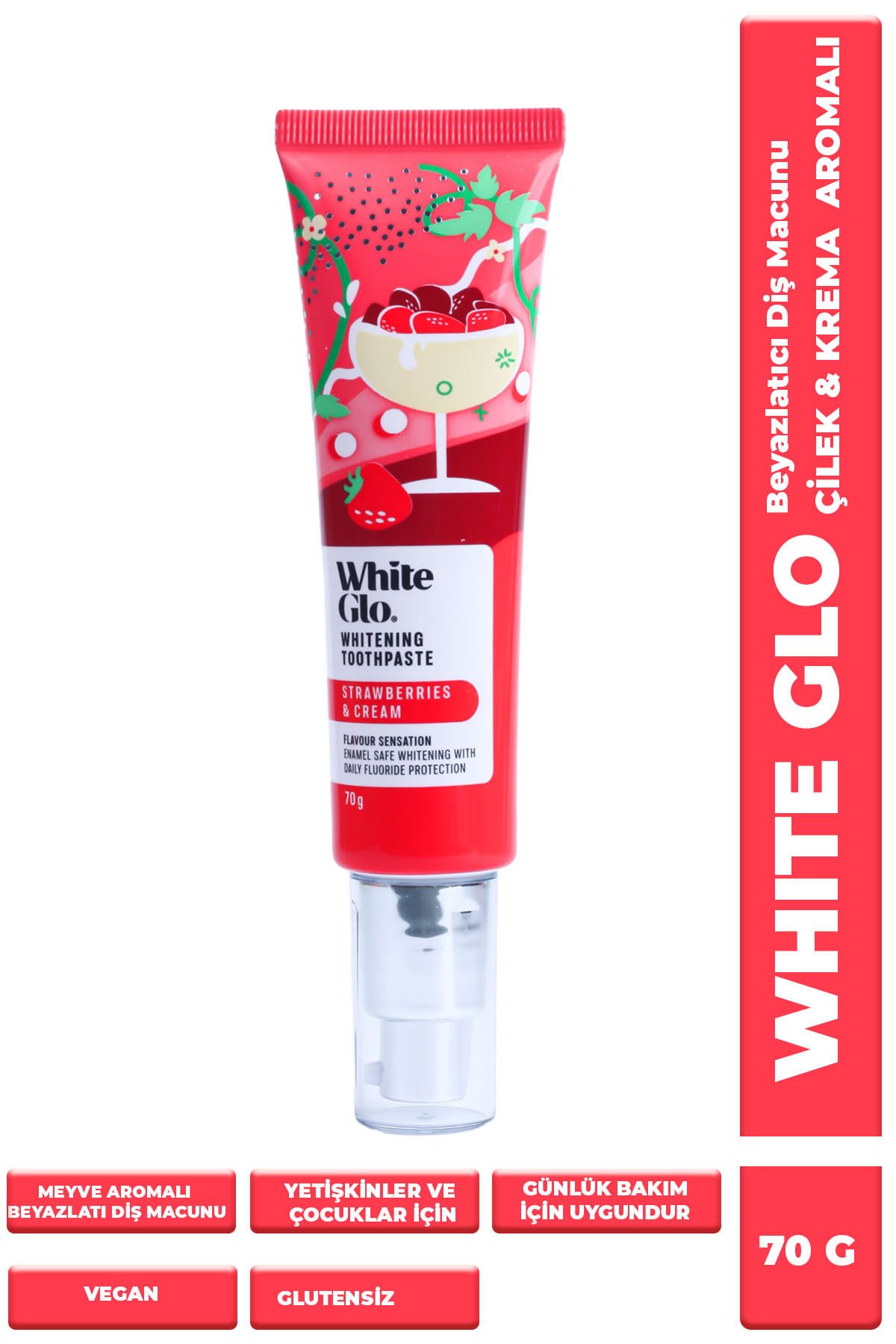 White Glo Glutensiz Vegan Diş Macunu Çilek ve Krema Aromalı 70 G