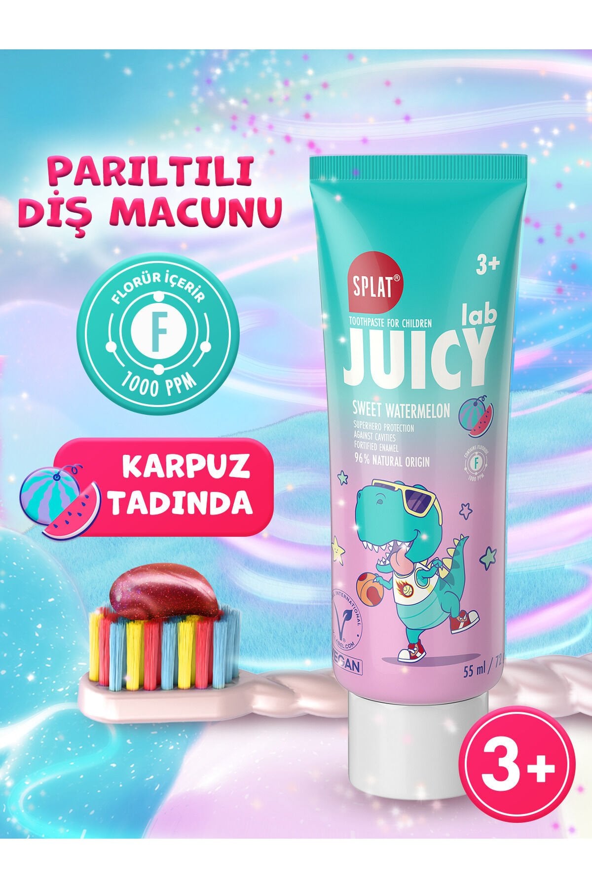 Splat Juicy Lab +3 Yaş Karpuzlu Çocuk Diş Macunu Renkli Simli Çürük Önleyici Doğal Macun