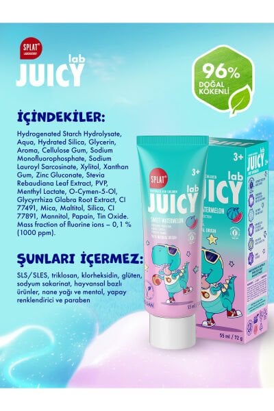 Splat Juicy Lab +3 Yaş Karpuzlu Çocuk Diş Macunu Renkli Simli Çürük Önleyici Doğal Macun