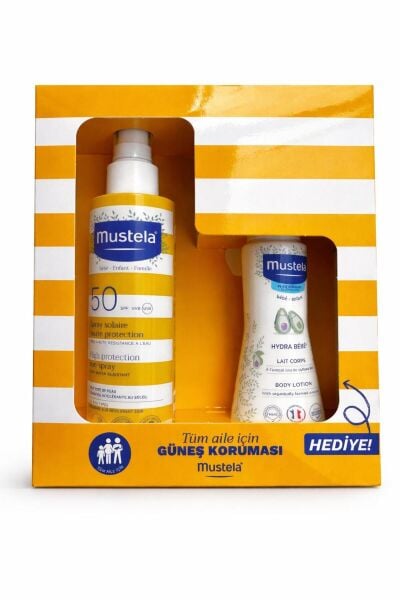 Mustela güneş losyon sprey 200 ml spf 50+ 100 ml hydra bebe hediyeli 2026 kofre
